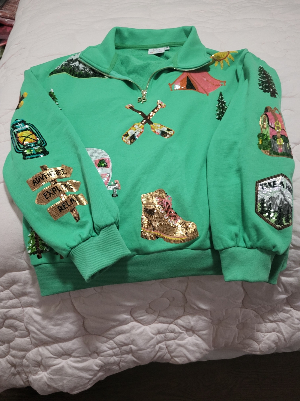 Hazel Mae Sequin Adventure Quarter-Zip Sweatshirt - Green